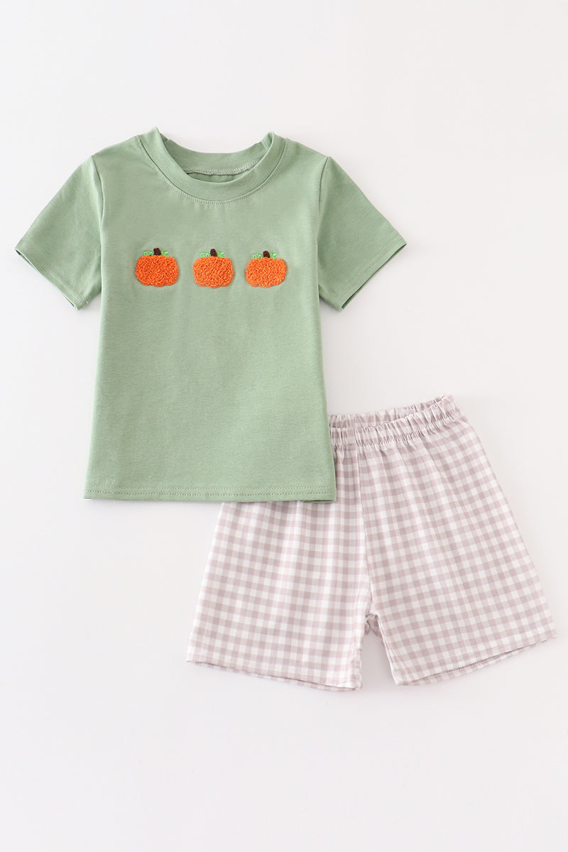 Boys Green Plaid French Knot Pumpkin Shorts Set