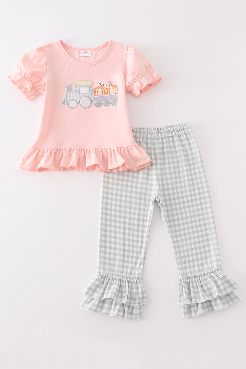 Girls Pink Train Pumpkin Appliqué Pants Set