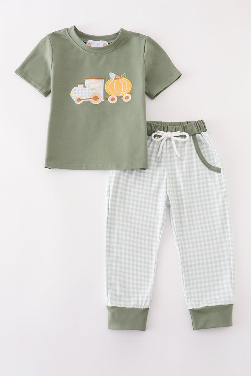 Boys Green Train Pumpkin Appliqué Pants Set