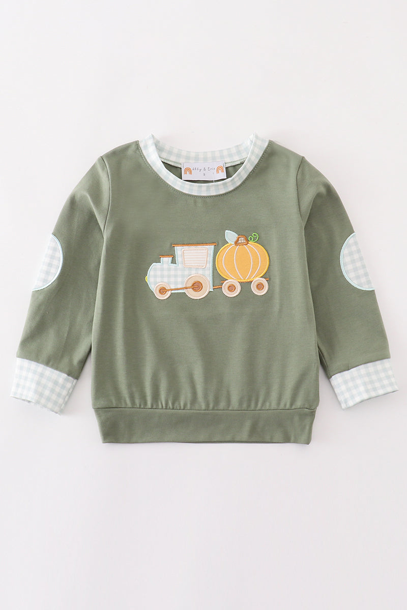 Boys Green Train Pumpkin Appliqué Long Sleeve Top