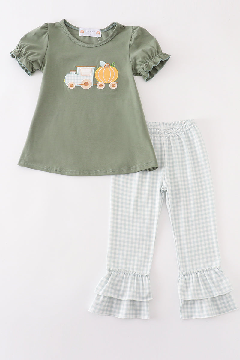 Girls Green Train Pumpkin Appliqué Pants Set