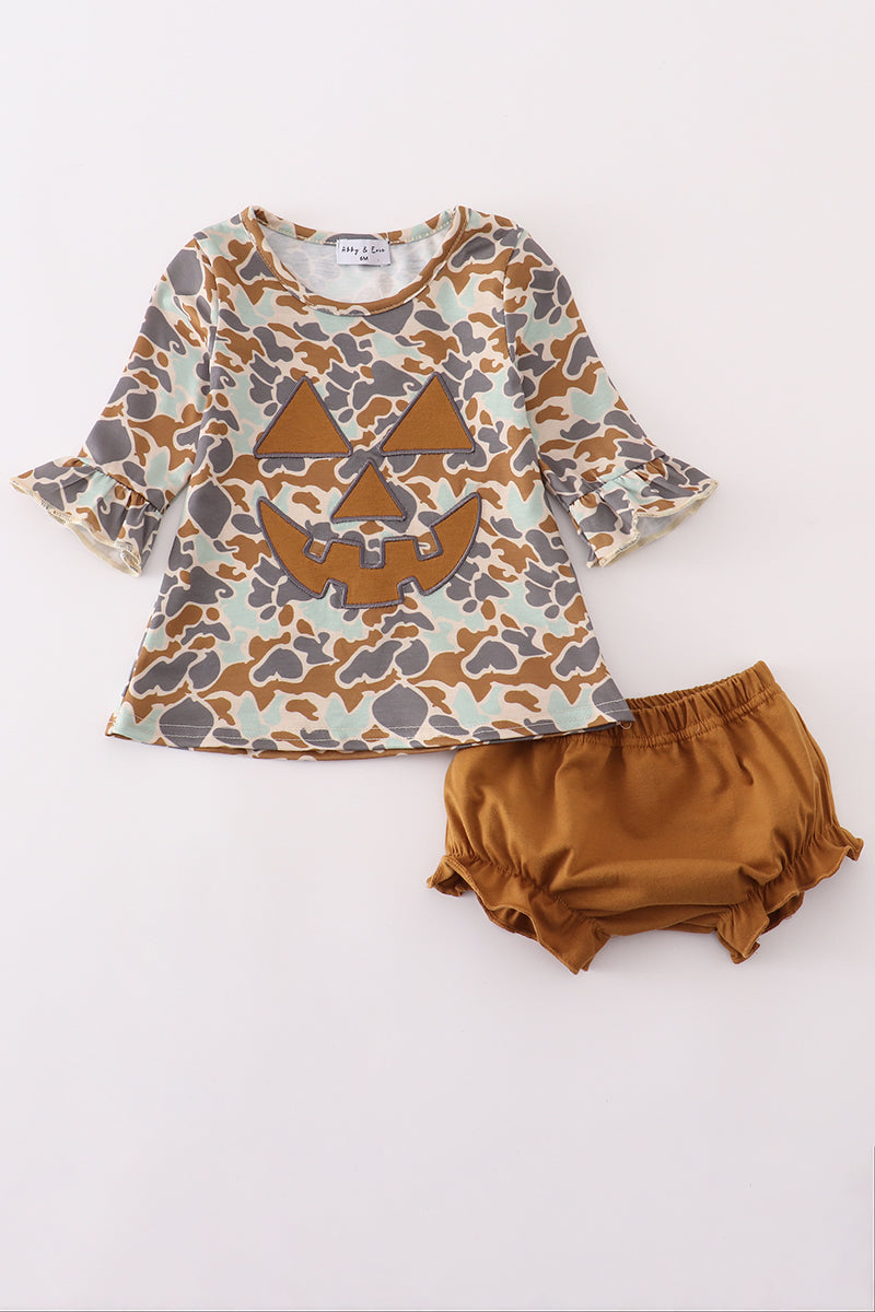 Girls Camo Jack-O-Lantern Appliqué Bloomer Set