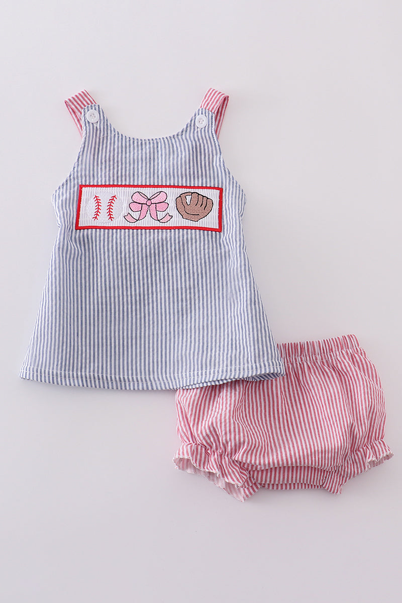 Girls Smocked Baseball Bloomer Set