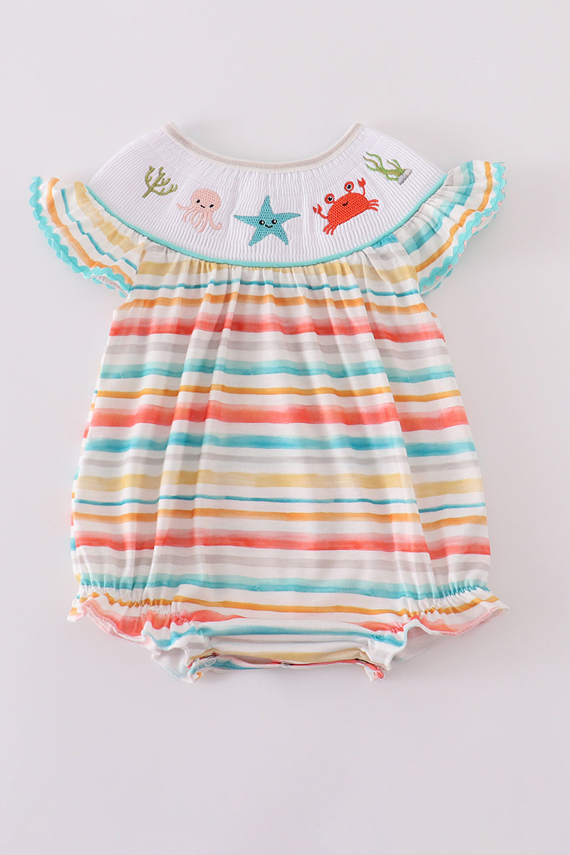 Girls Smocked Embroidered Marine Creatures Bubble