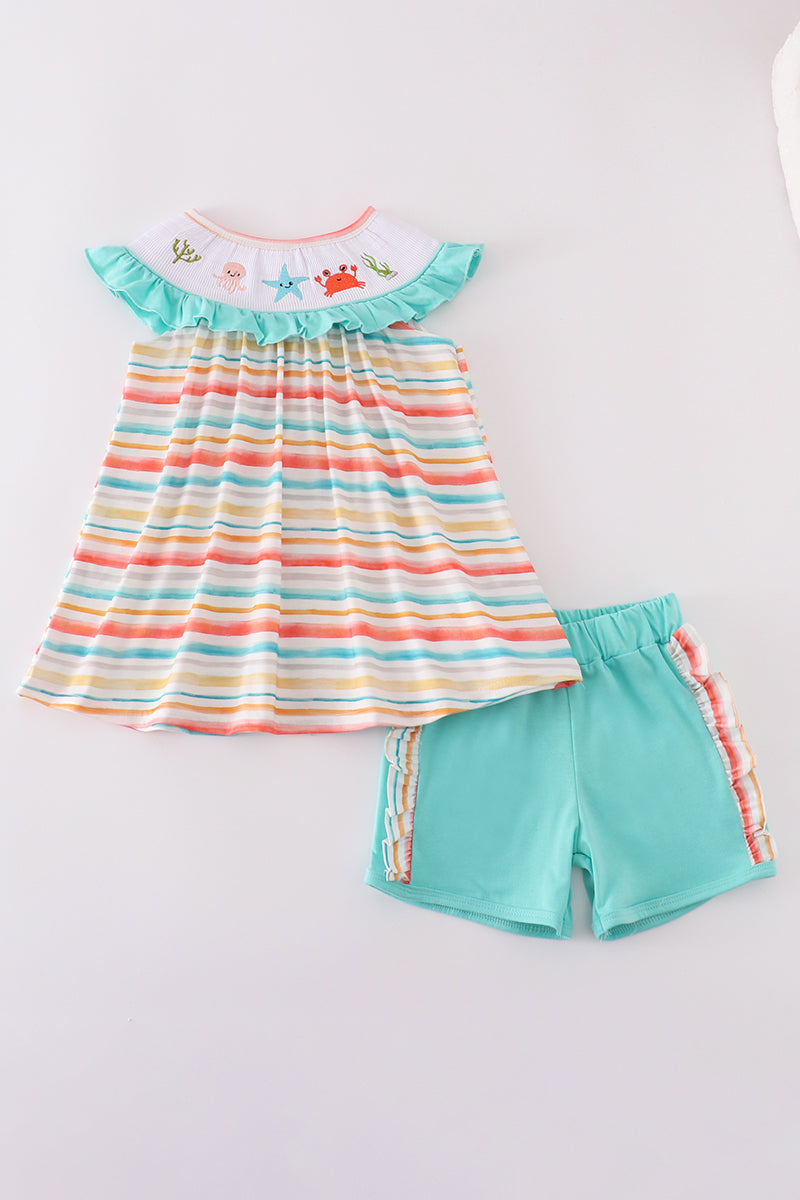 Girls Smocked Embroidered Marine Creatures Shorts Set