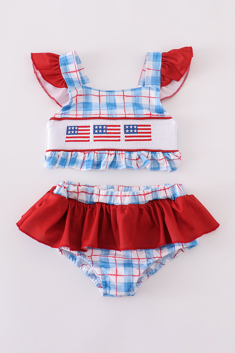 Girls Plaid Embroidered American Flag Two Piece Swim