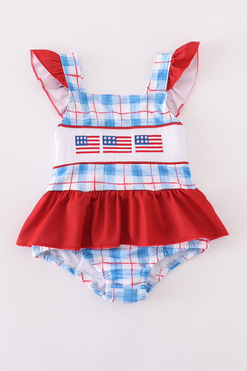 Girls Plaid Embroidered American Flag One Piece Swim