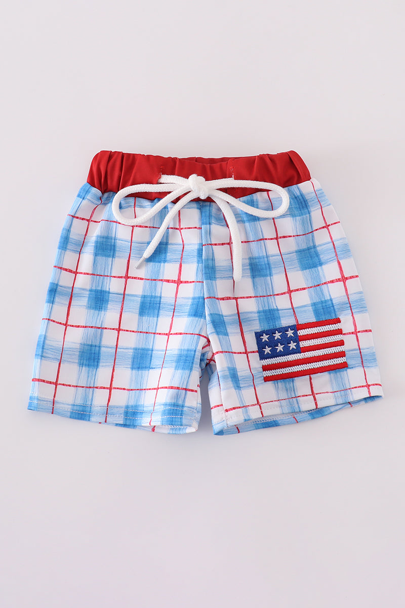 Boys Plaid Embroidered American Flag Swim Trunks