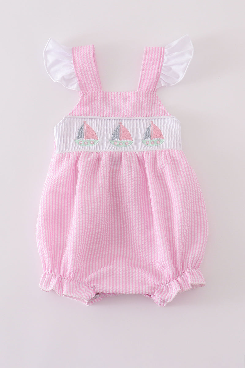 Girls Pink Smocked Seersucker Sailboat Bubble