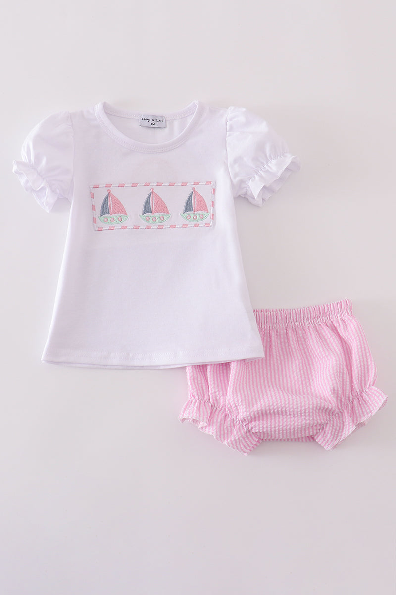 Girls Pink Smocked Seersucker Sailboat Bloomer Set