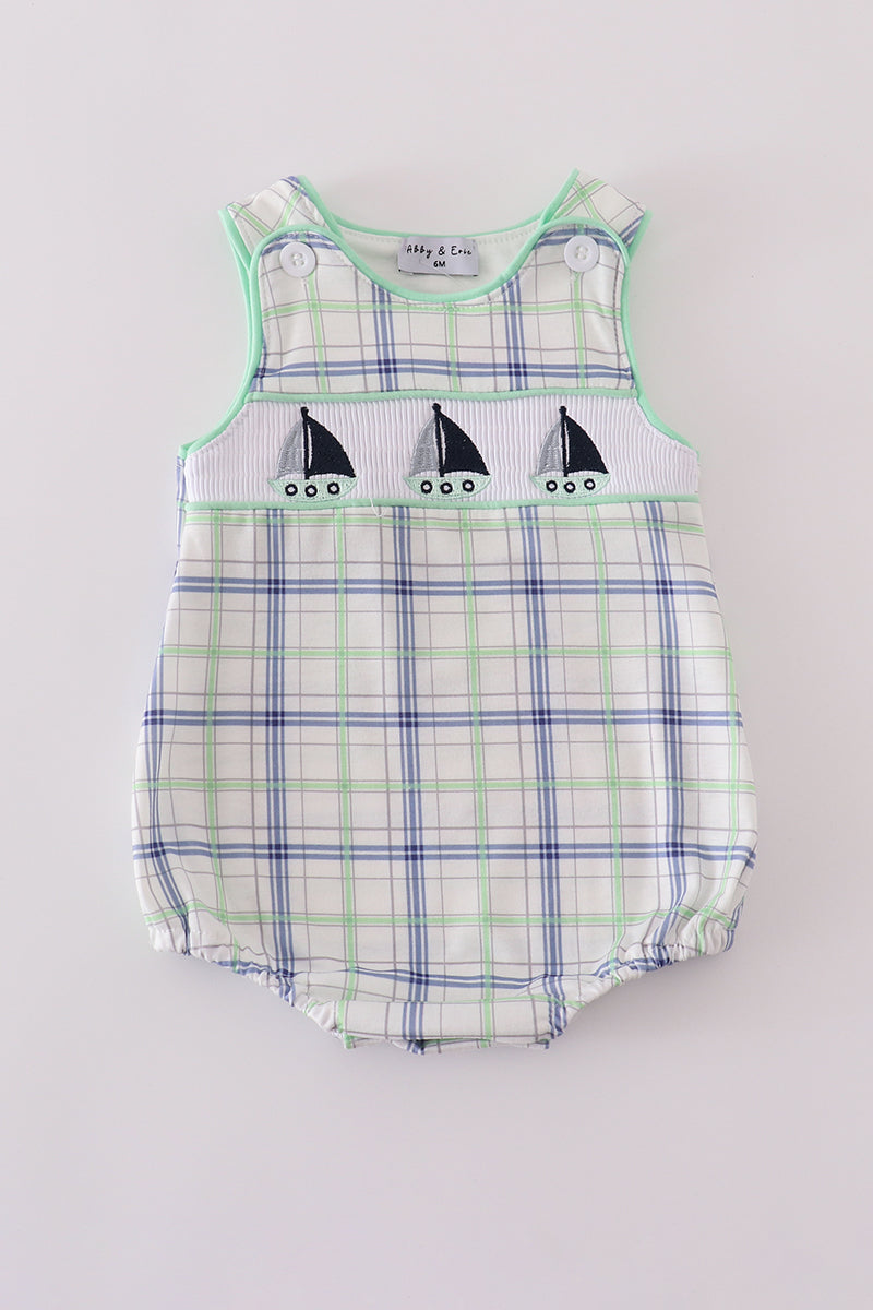 Boys Green Smocked Seersucker Sailboat Bubble