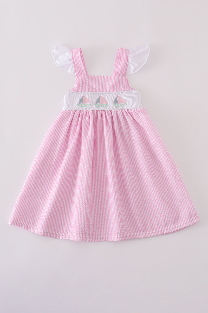 Girls Pink Smocked Seersucker Sailboat Dress