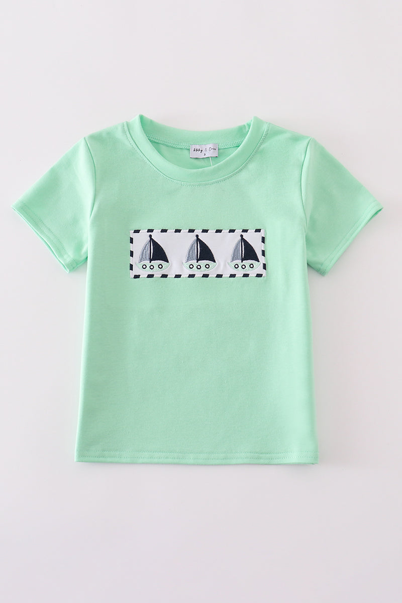 Boys Green Embroidered Sailboat Top