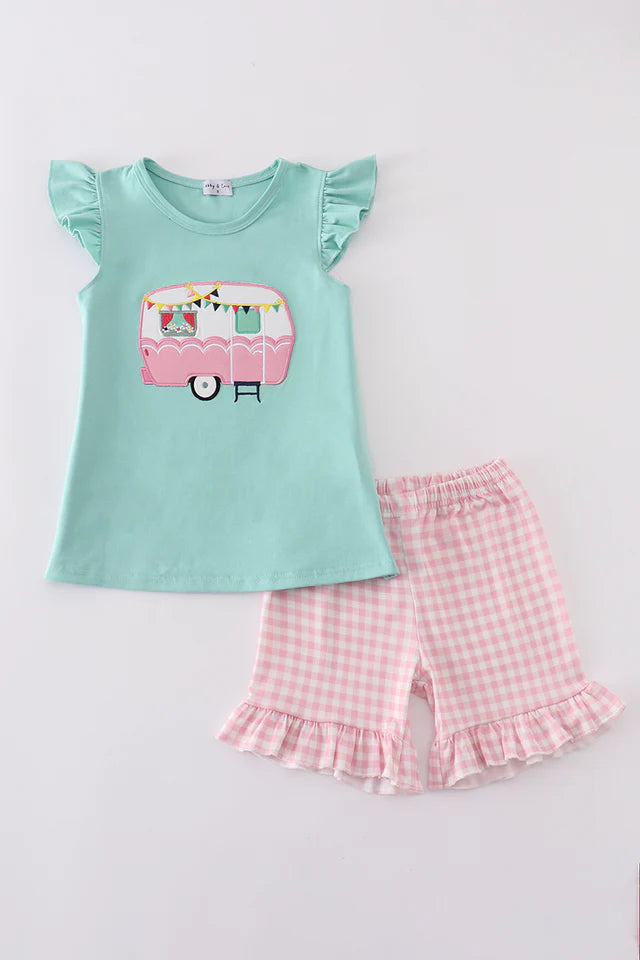 Girls Green Camper Appliqué Shorts Set