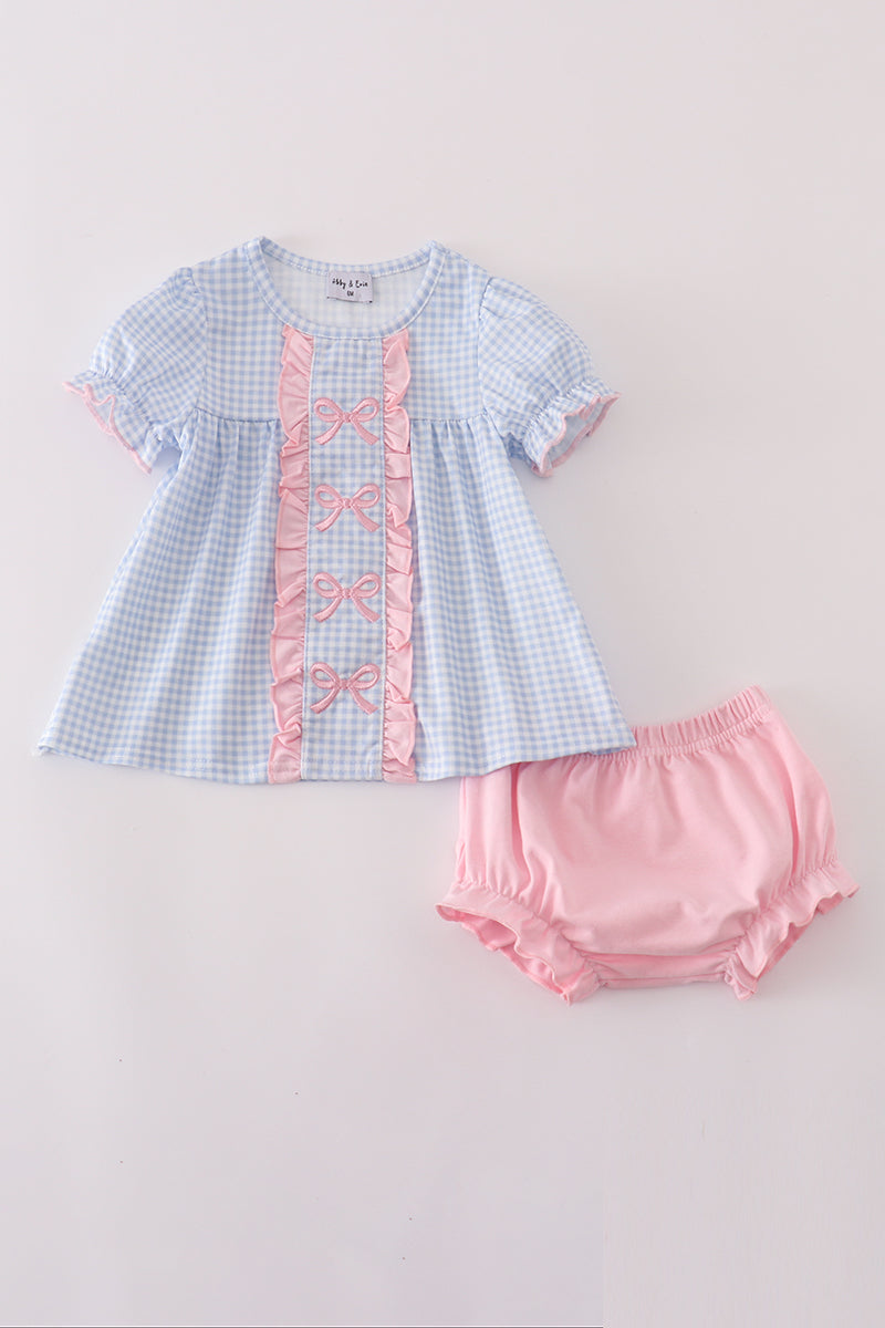Girls Embroidered Pink & Blue Bow Bloomer Set