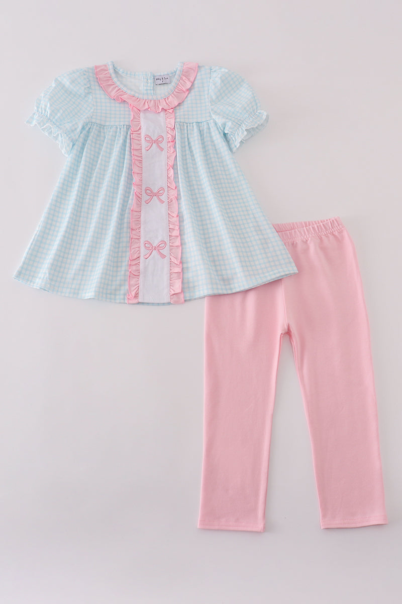 Girls Embroidered Pink & Aqua Bow Pants Set