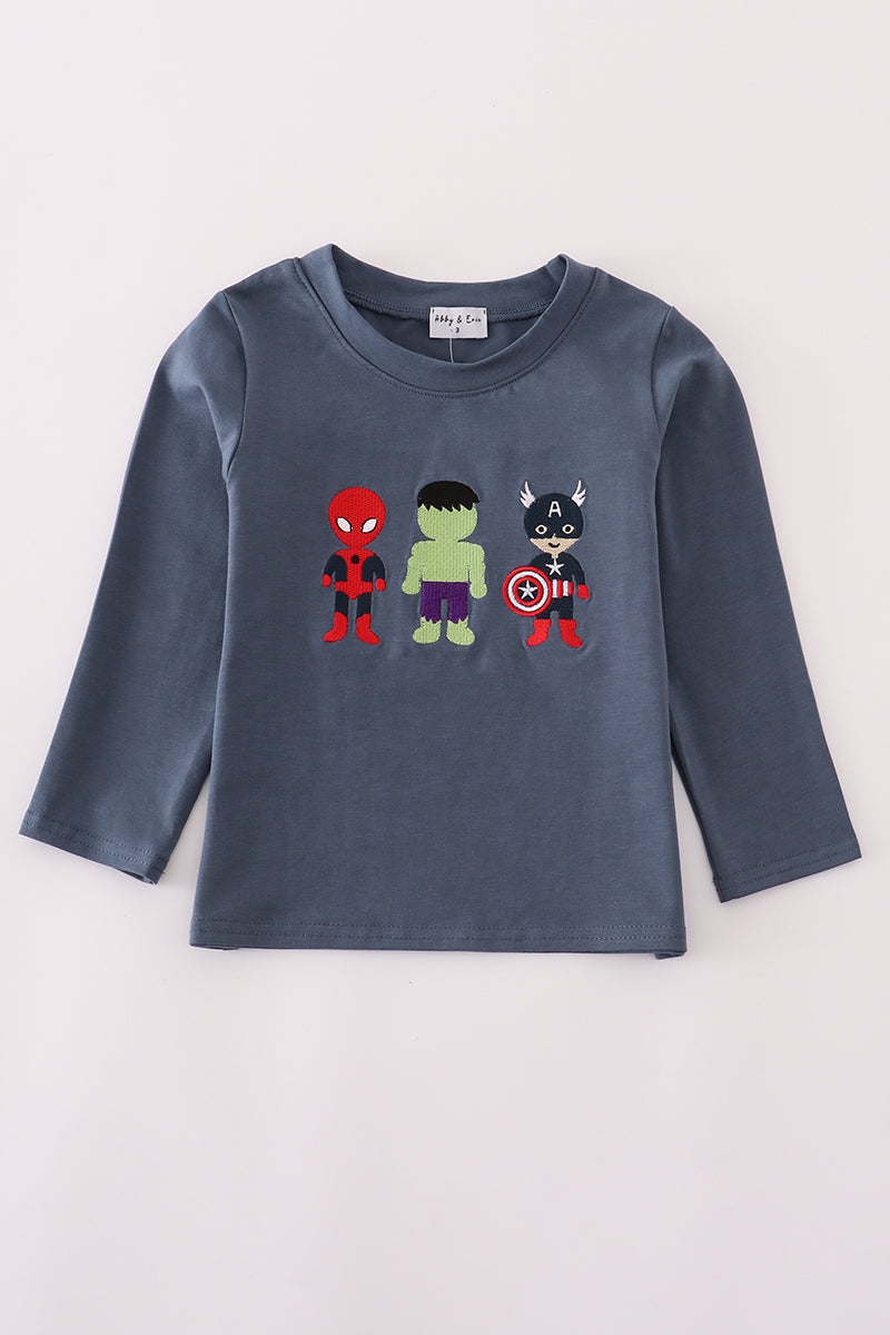 Boys Navy Embroidered Superhero Character Long Sleeve