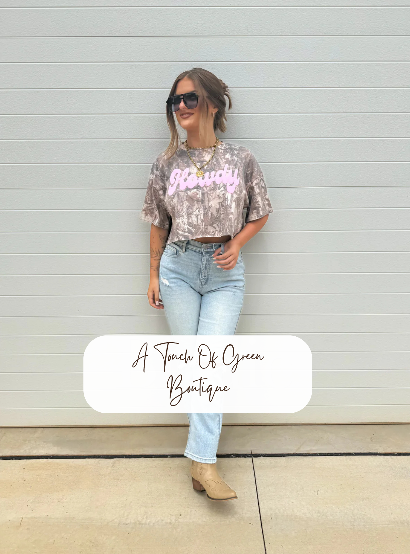Dark Camo Tee with Pink Howdy Cropped Graphic