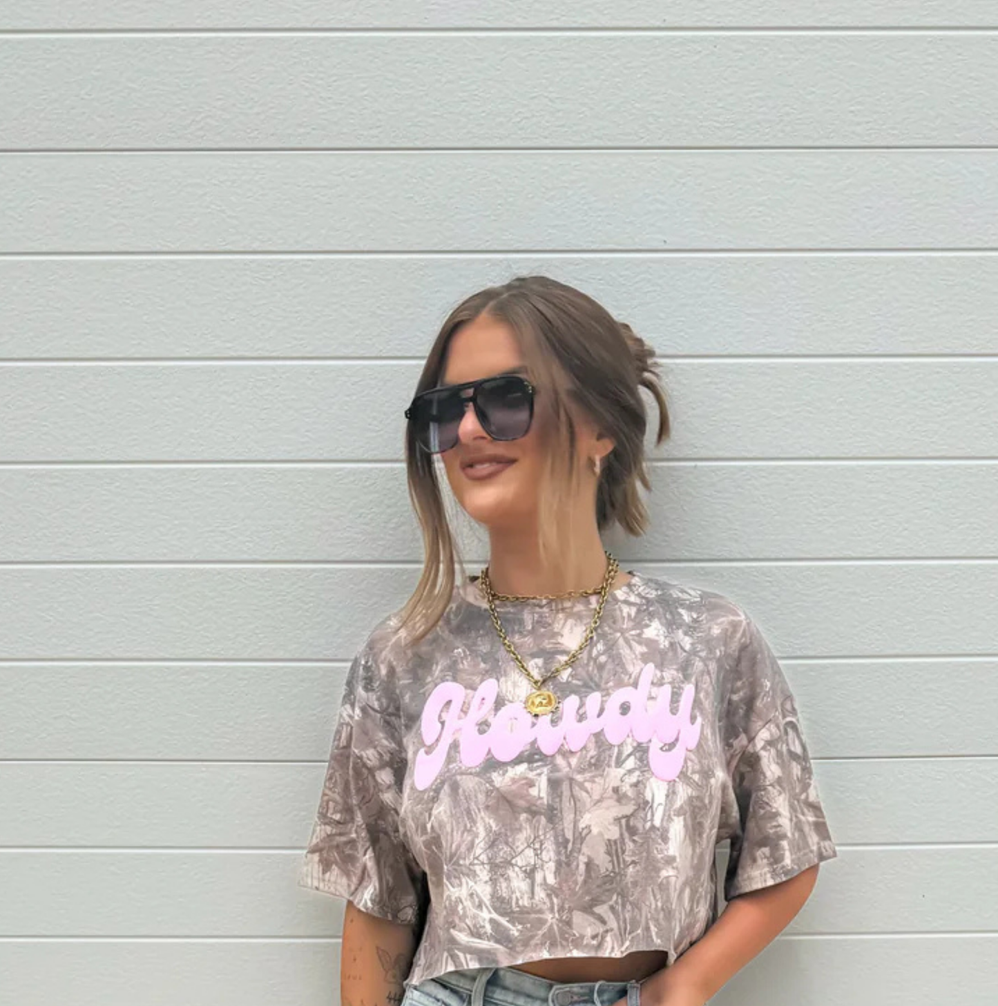 Dark Camo Tee with Pink Howdy Cropped Graphic