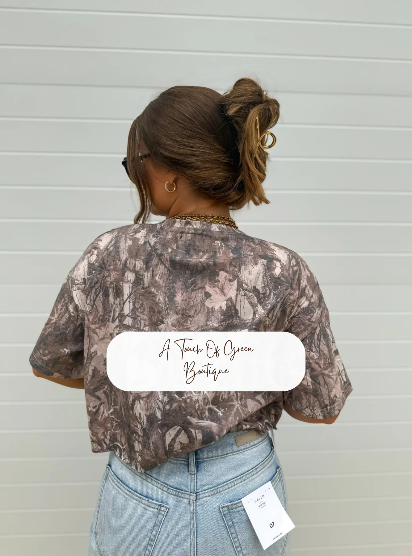Dark Camo Tee with Pink Howdy Cropped Graphic