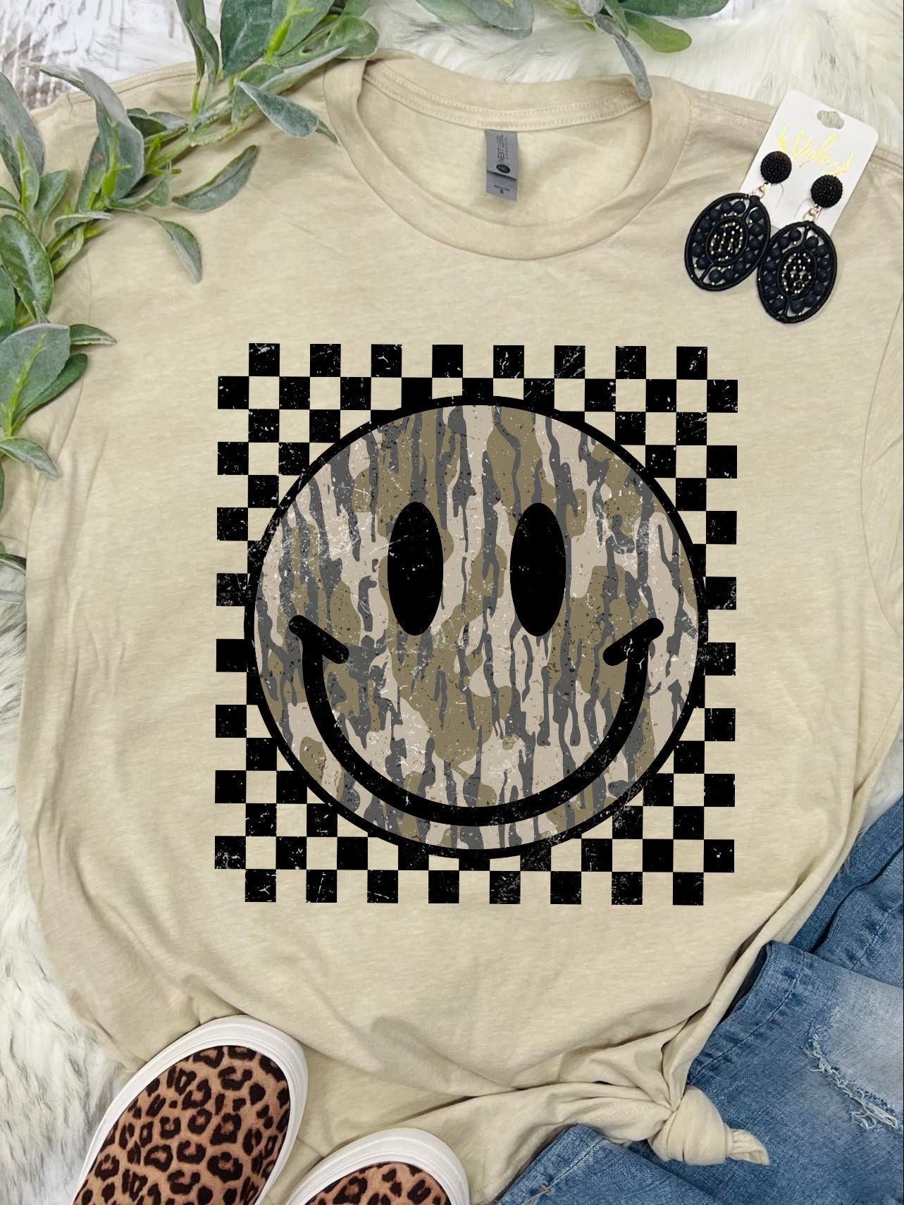 Viral Camo Checkered Smiley Tee