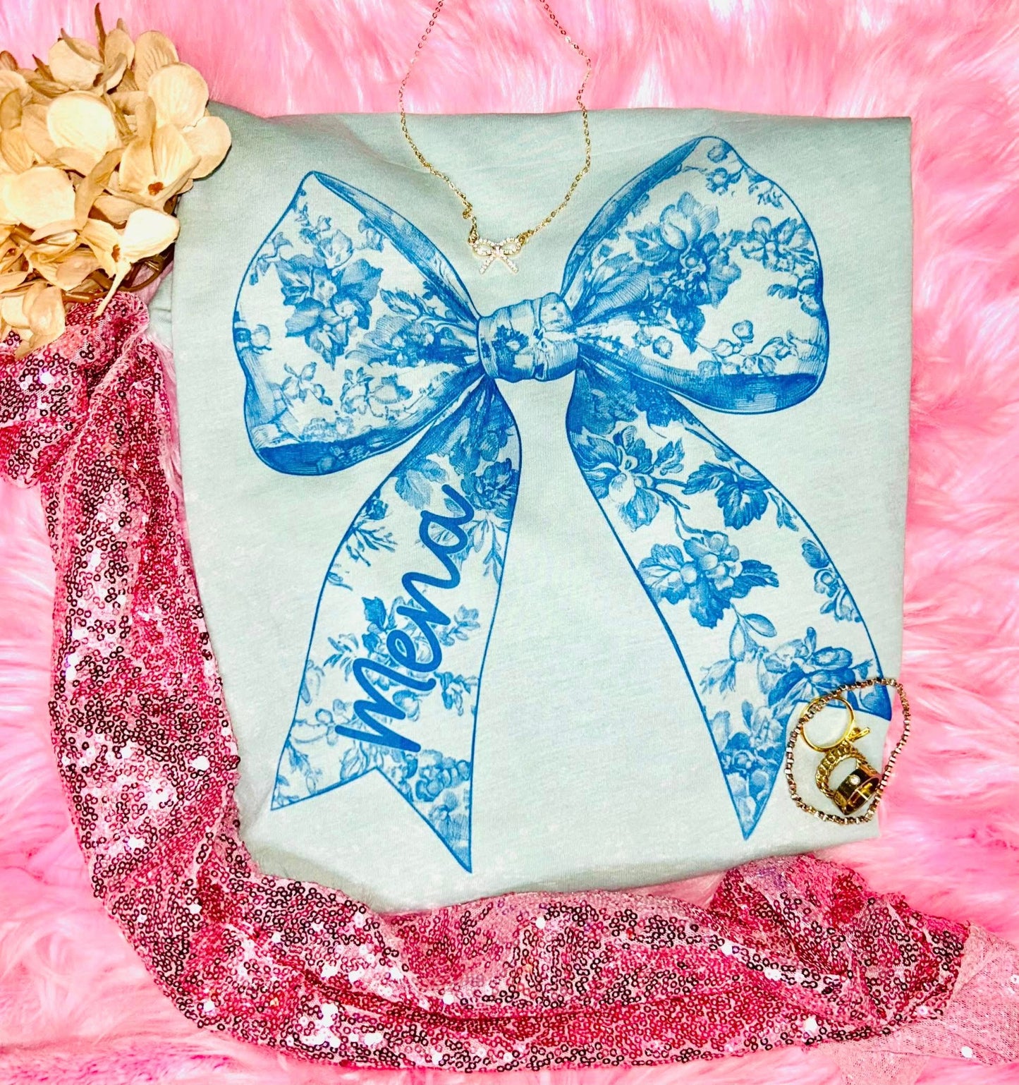 Blue Toile Print Name Bow Tee