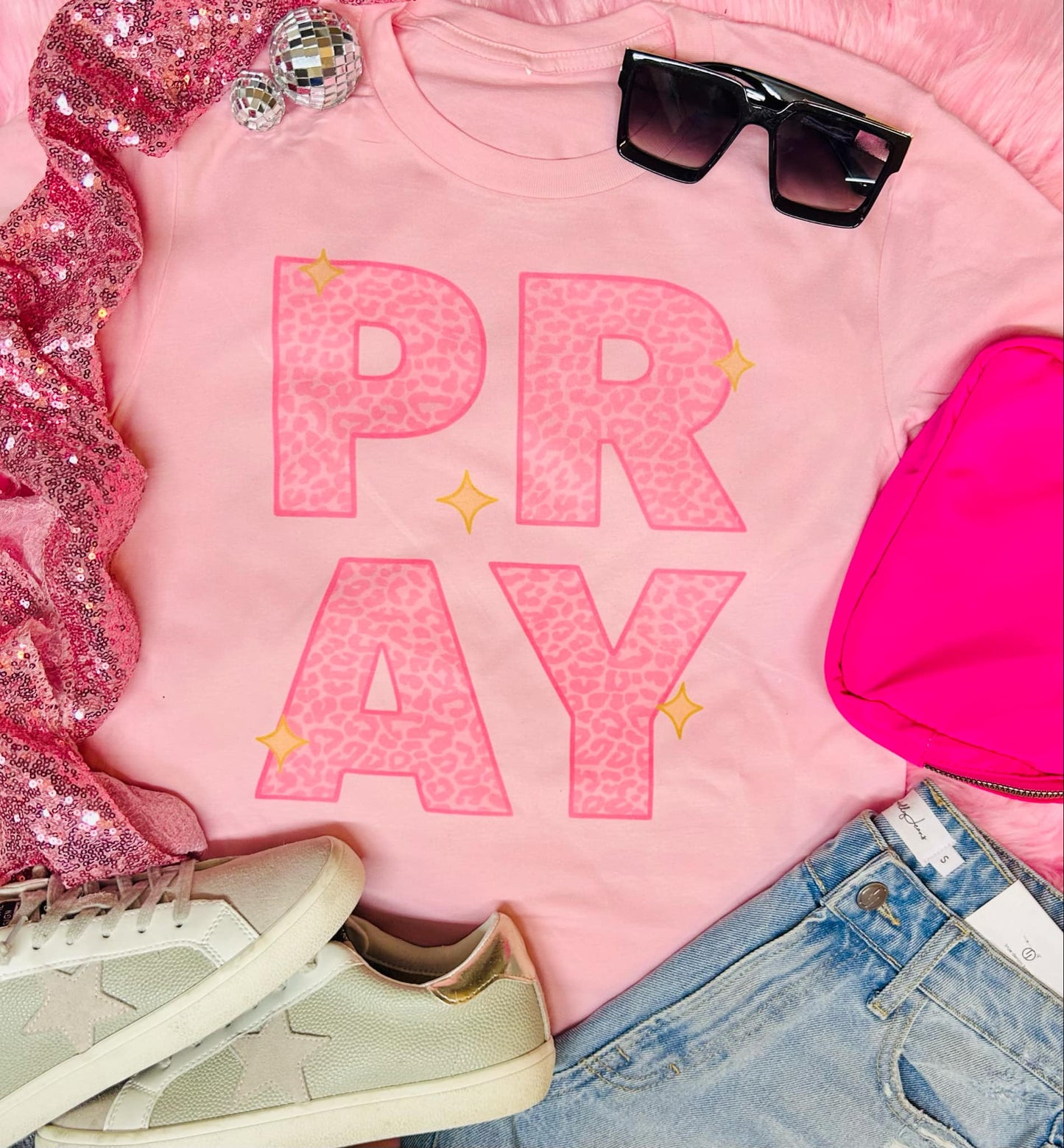Womens Pink Leopard Pray Tee