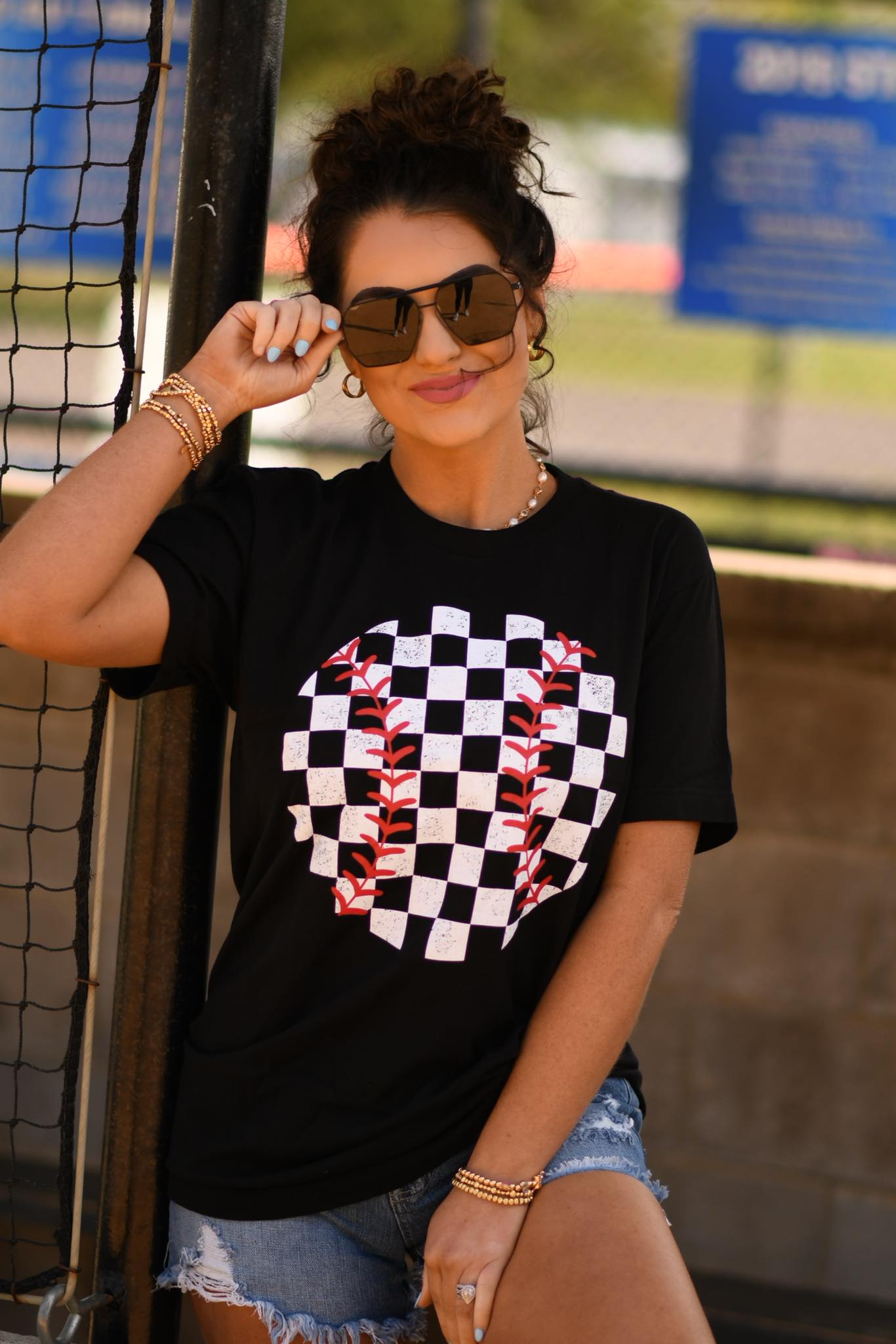 Distressed Checkered Baseball Tee