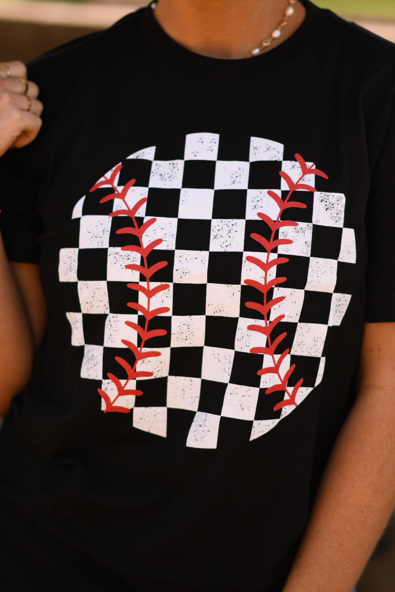 Distressed Checkered Baseball Tee
