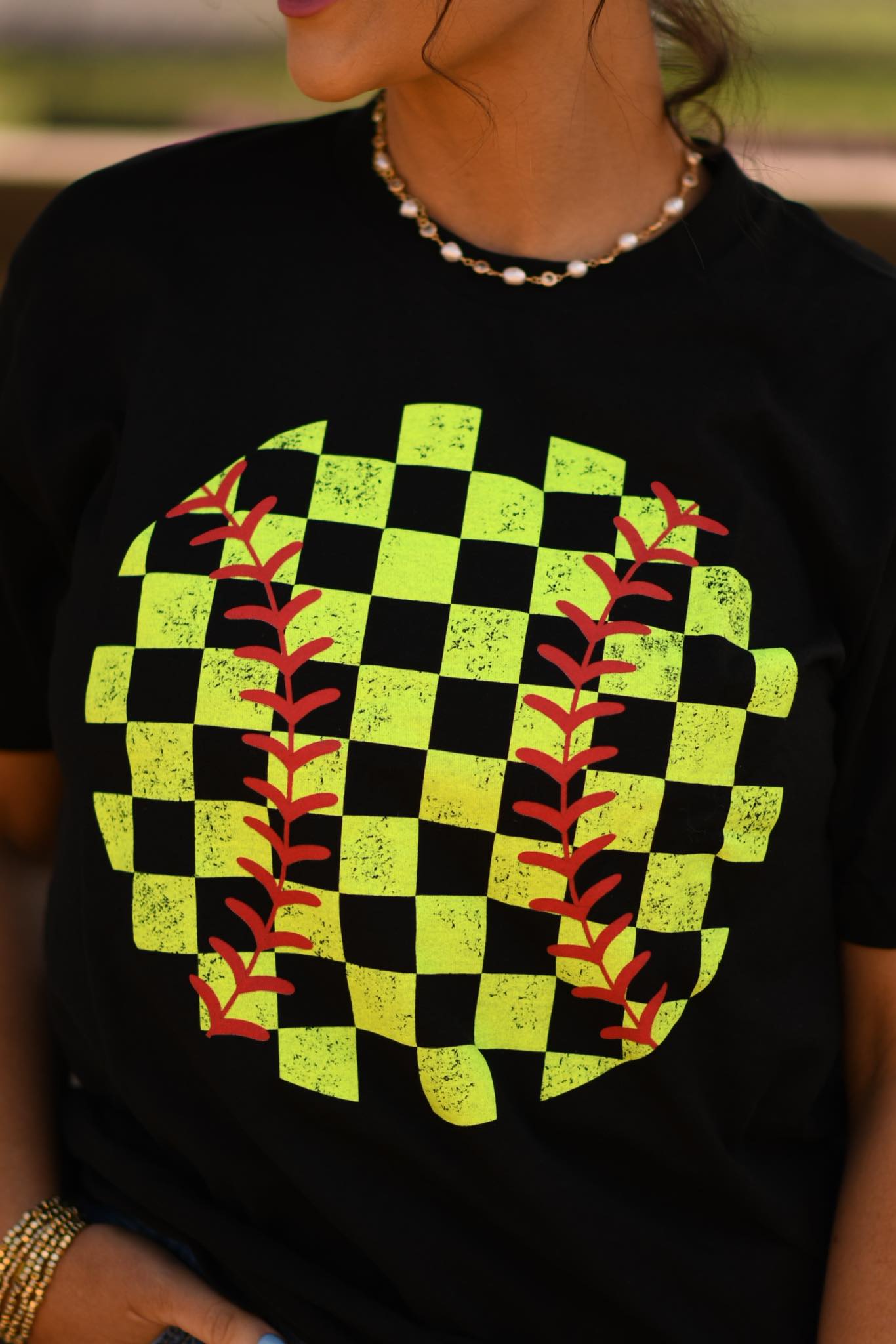 Distressed Checkered Softball Tee
