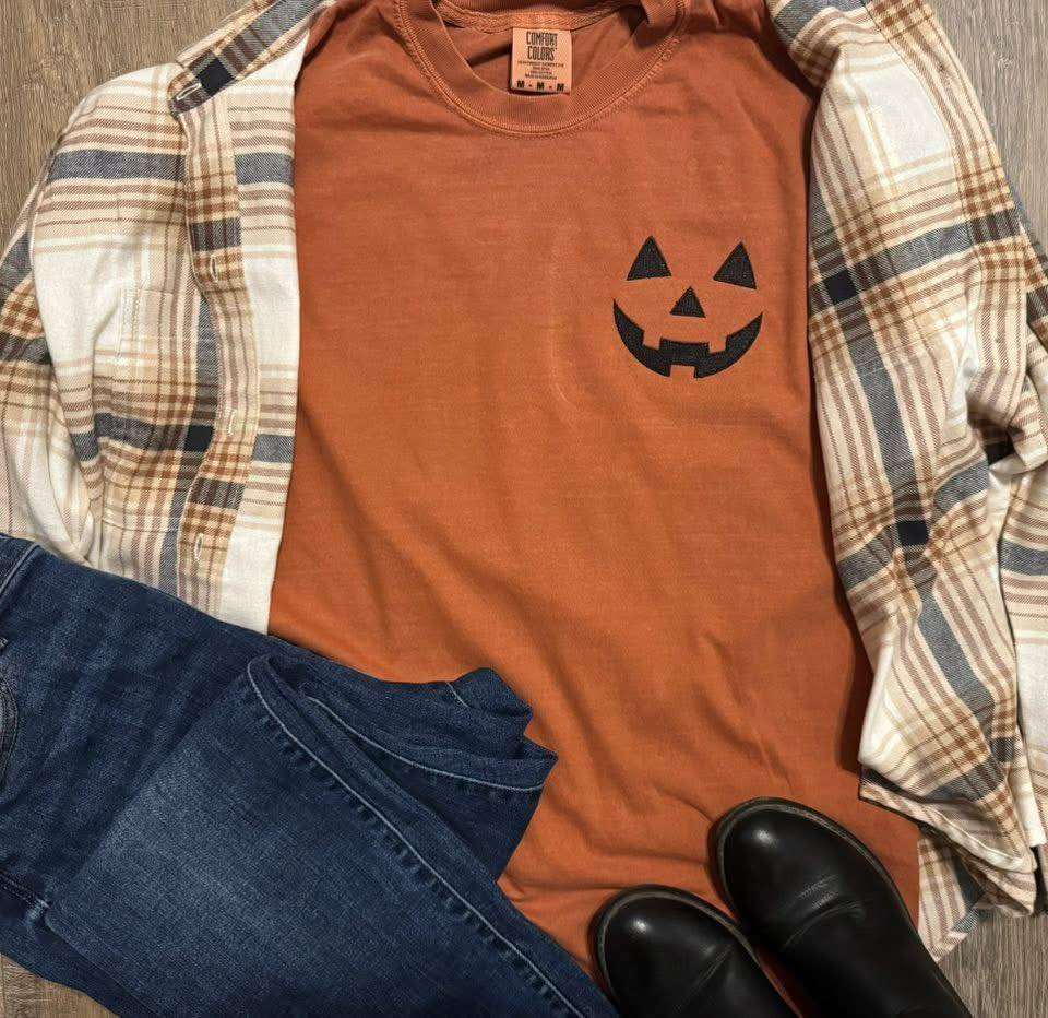 Embroidered Jack-O'-Lantern Pocket Tee- Youth&Adult