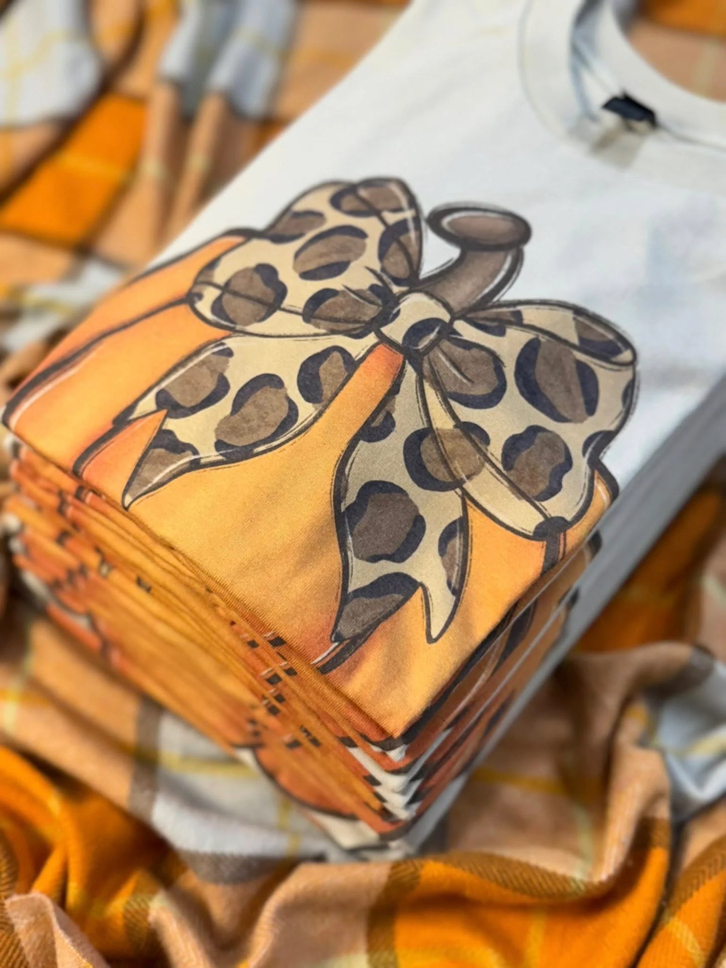 Pumpkin With Leopard Bow Tan Tee