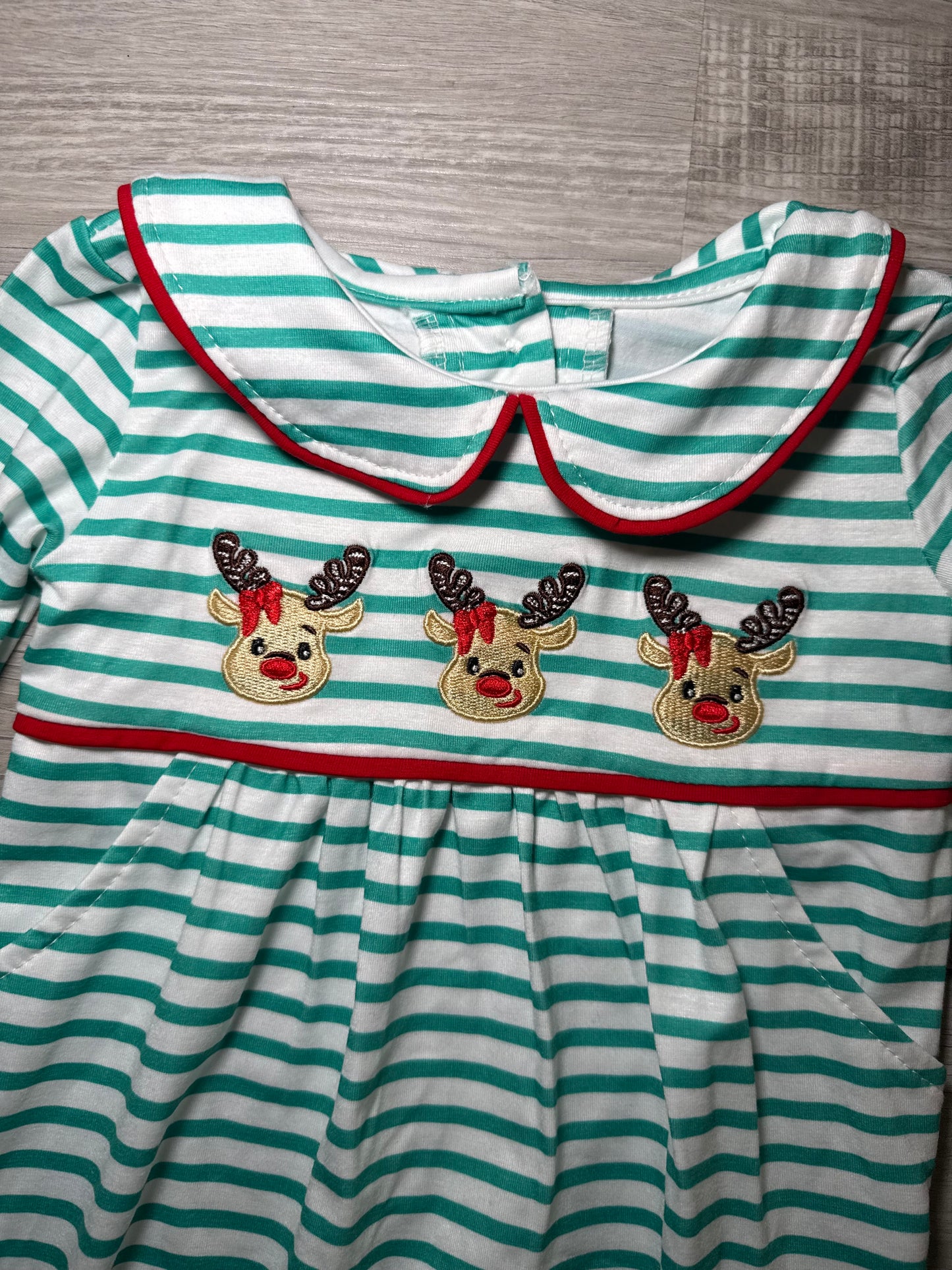 Girls Embroidered Striped Reindeer Romper