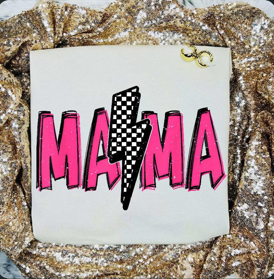 Mama Neon Pink Checkered Bolt Graphic Tee