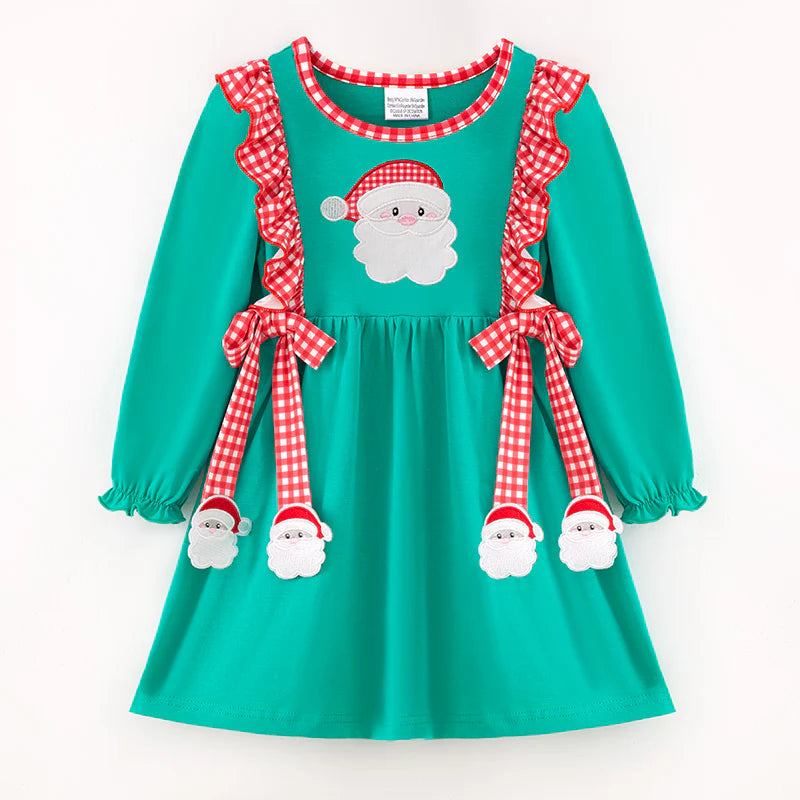 Girls Christmas Santa Claus Appliqué Cotton Dress