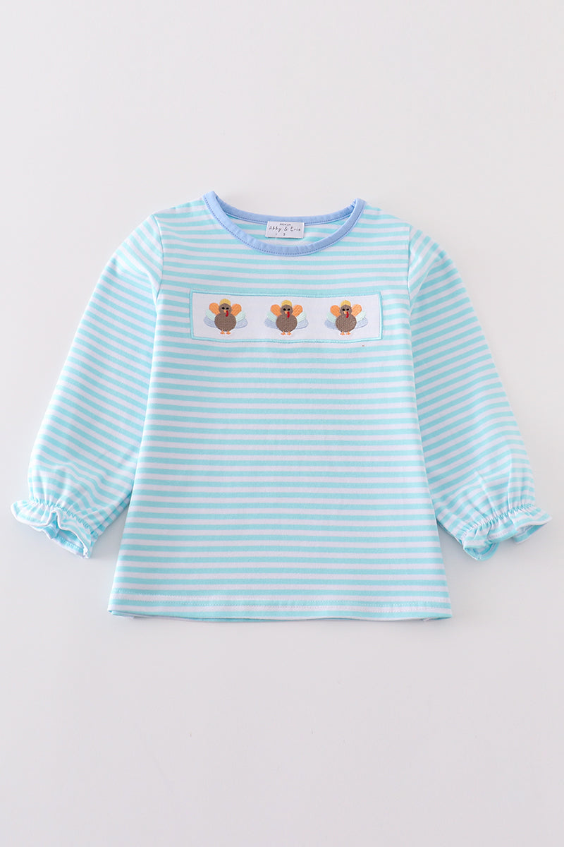 Girls Blue Embroidered Turkey Top