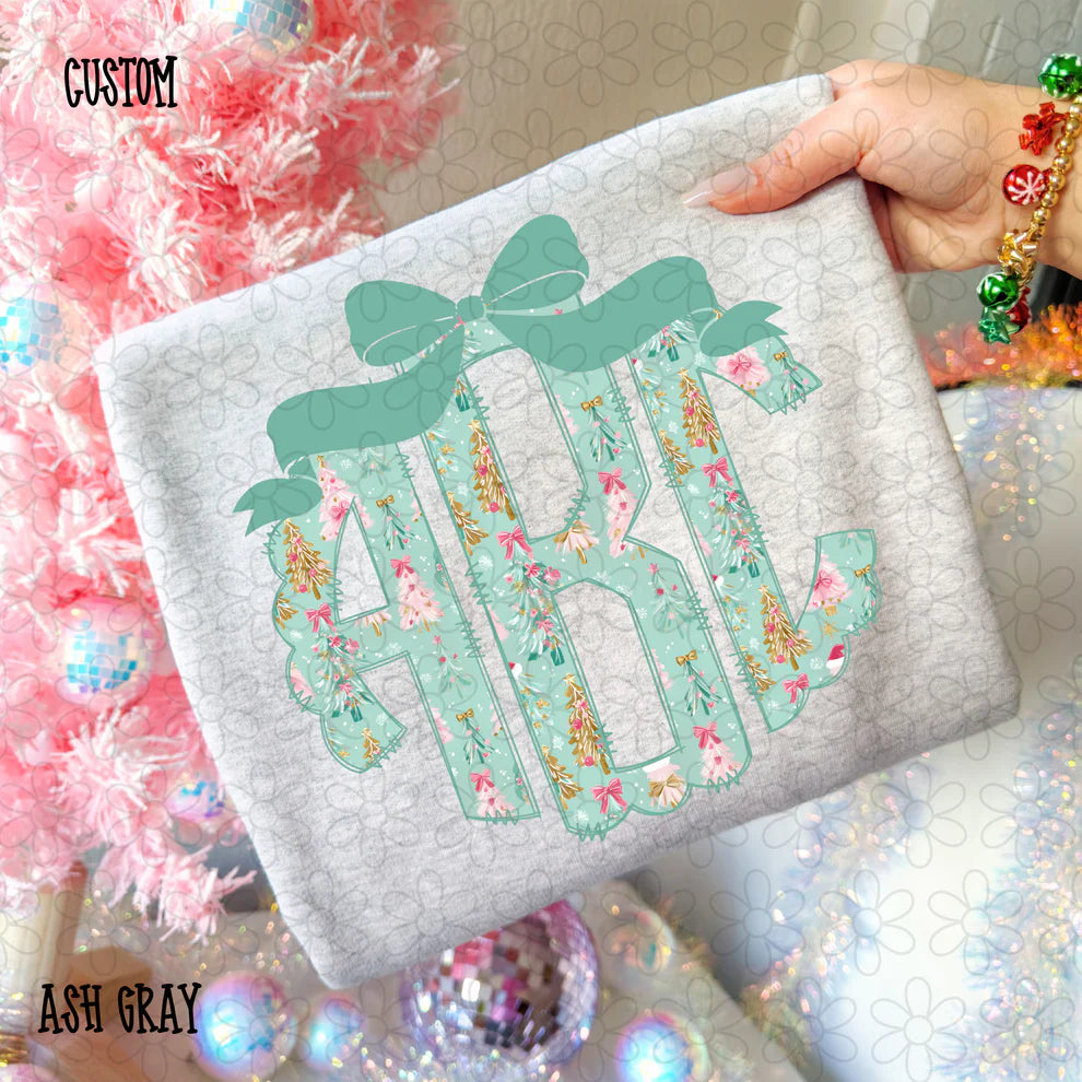 Christmas Trees Blue Bow Monogram Tee- Kids & Adults