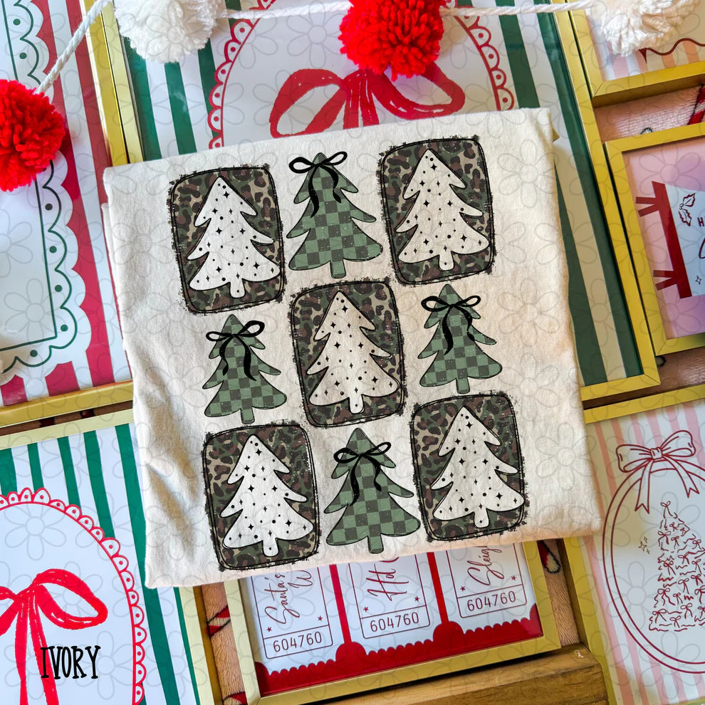 Green Checkered Camo Leopard Christmas Tree Tee- Kids & Adults