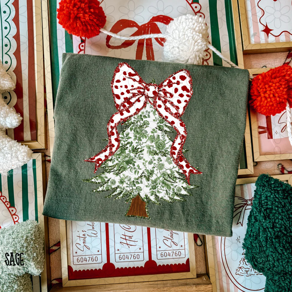 Green Floral Christmas Tree Red Coquette Bow Tee- Kids & Adults