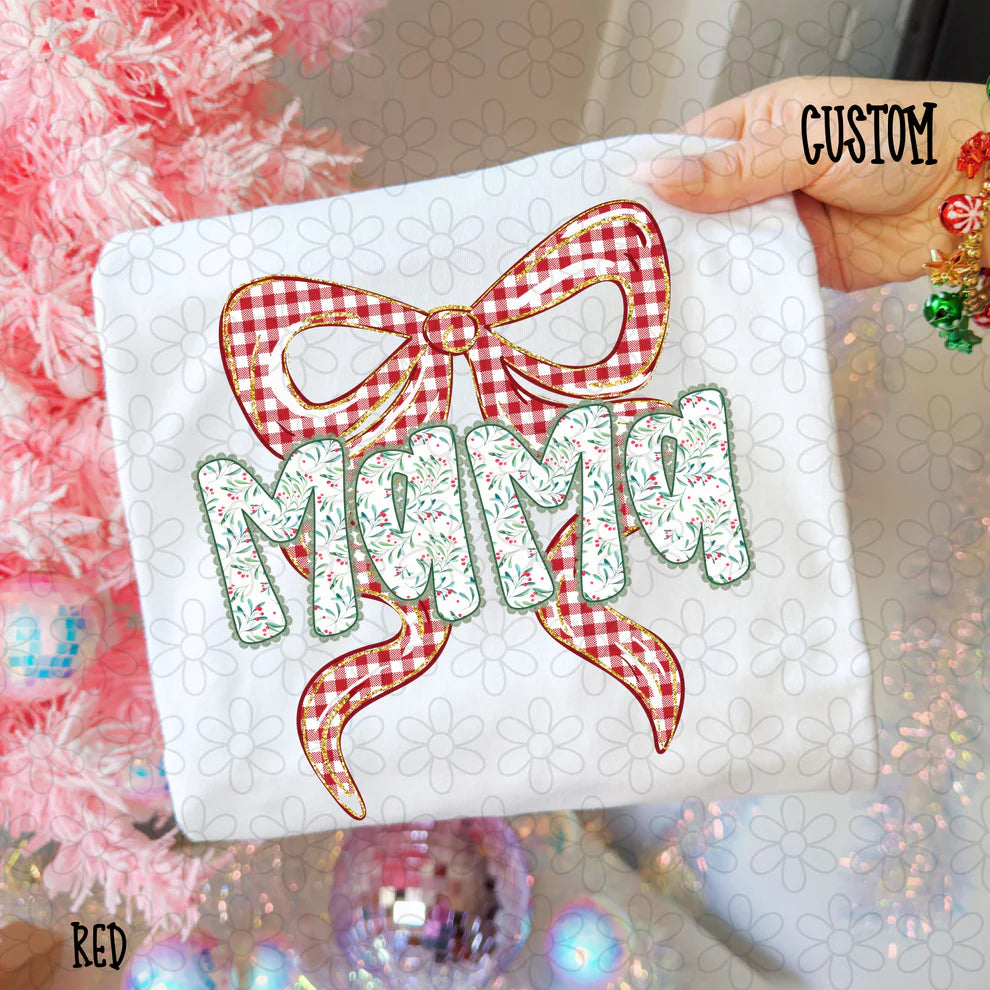 Red Gold Plaid Bow Green Custom Name Tee