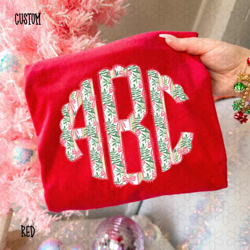 Green Stripes Red Bows Monogram Tee- Kids & Adults