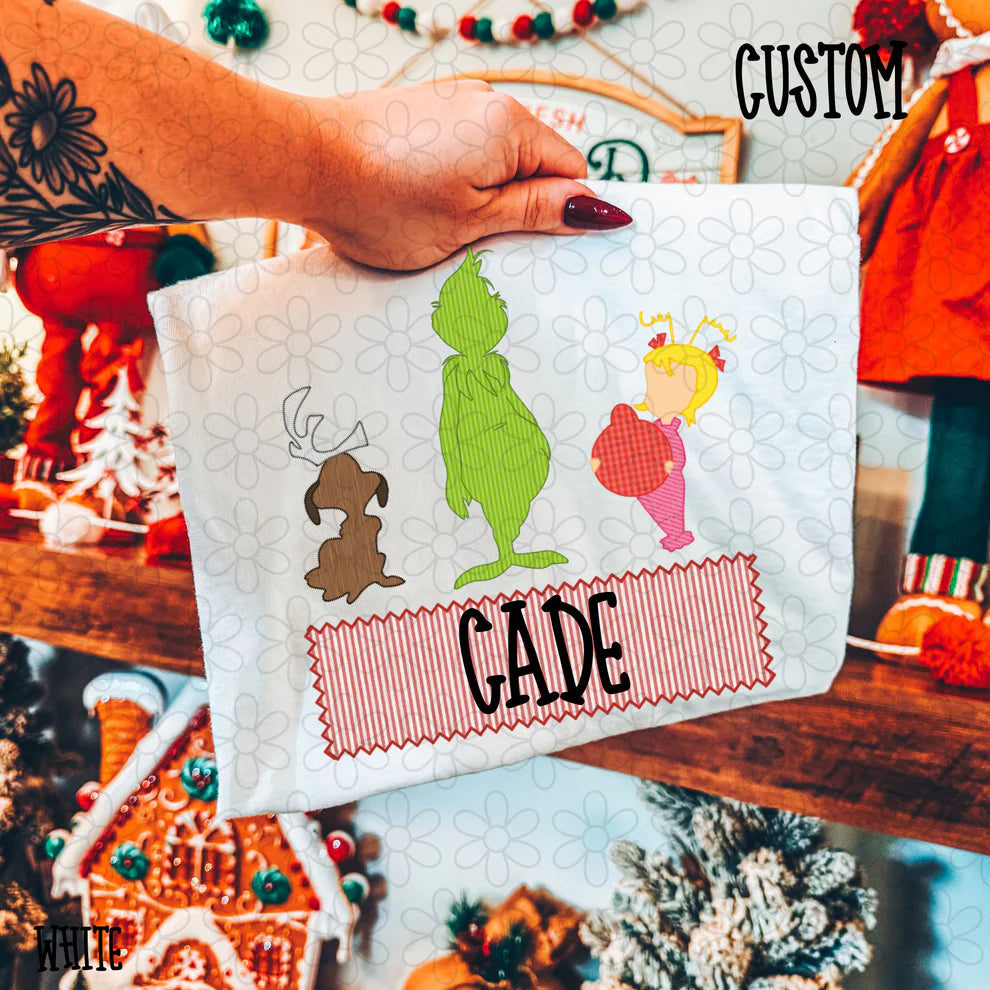 Grinch Christmas Stripes Custom Name Tee