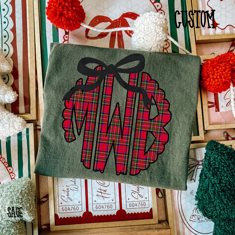 Holiday Tartan Bow Monogram Tee- Kids & Adults