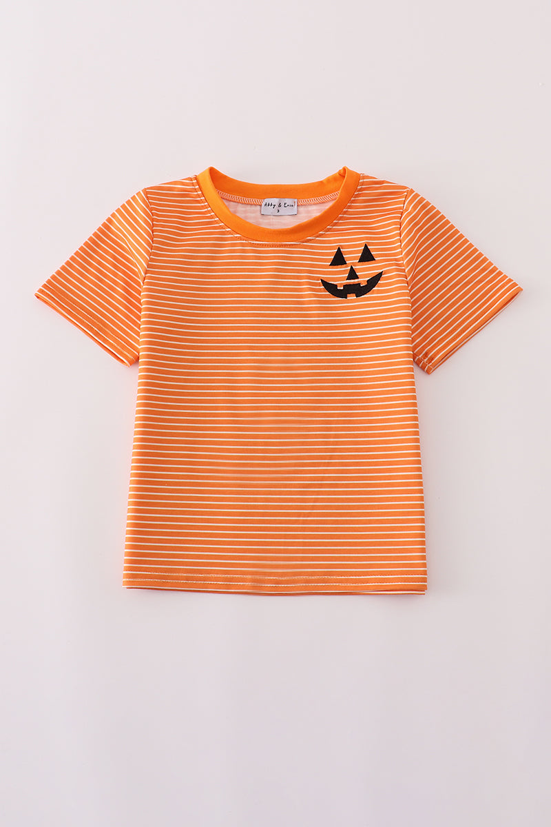 Boys Orange Embroidered Striped Jack-O-Lantern Top