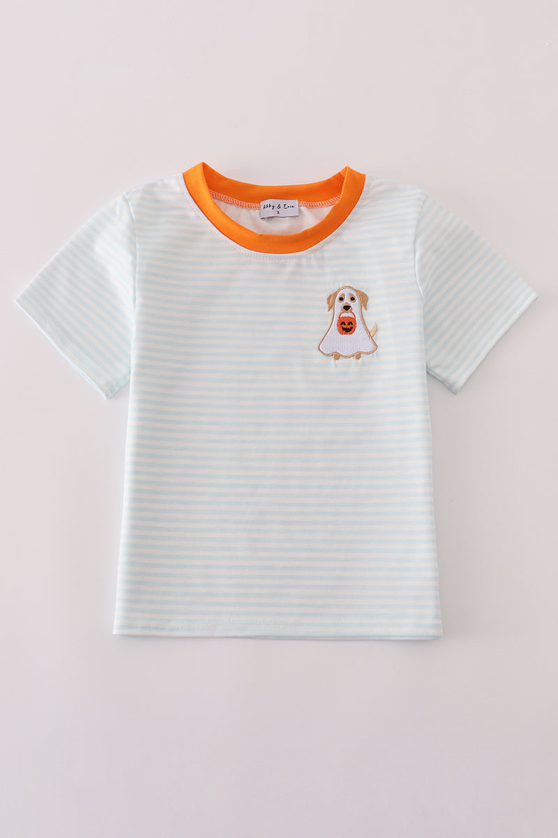 Boys Blue Embroidered Striped Puppy Ghost Pumpkin Top