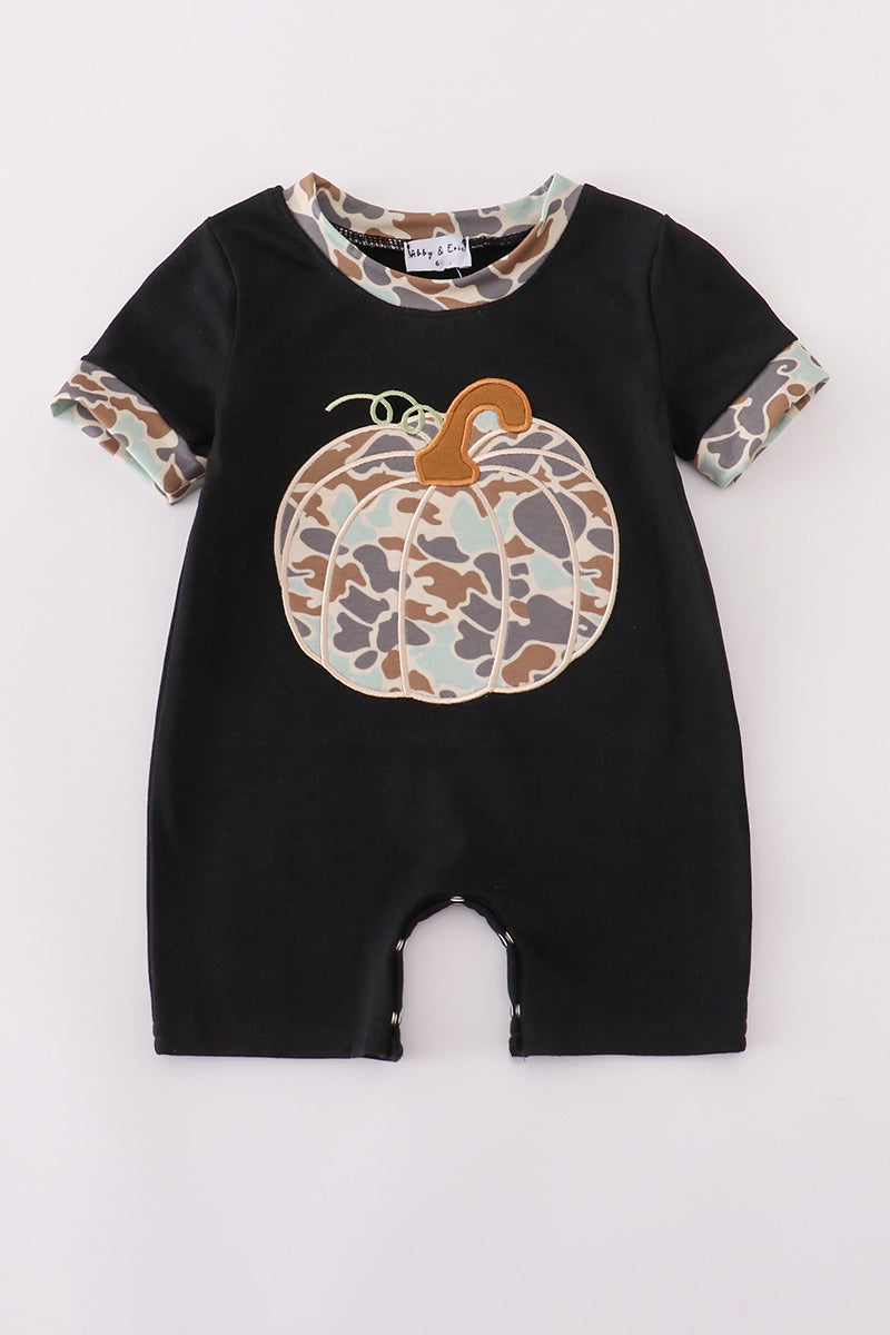 Boys Black Camo Pumpkin Appliqué Romper