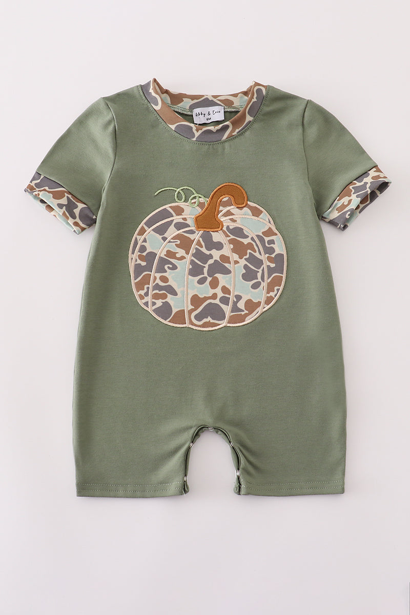 Boys Green Camo Pumpkin Appliqué Romper
