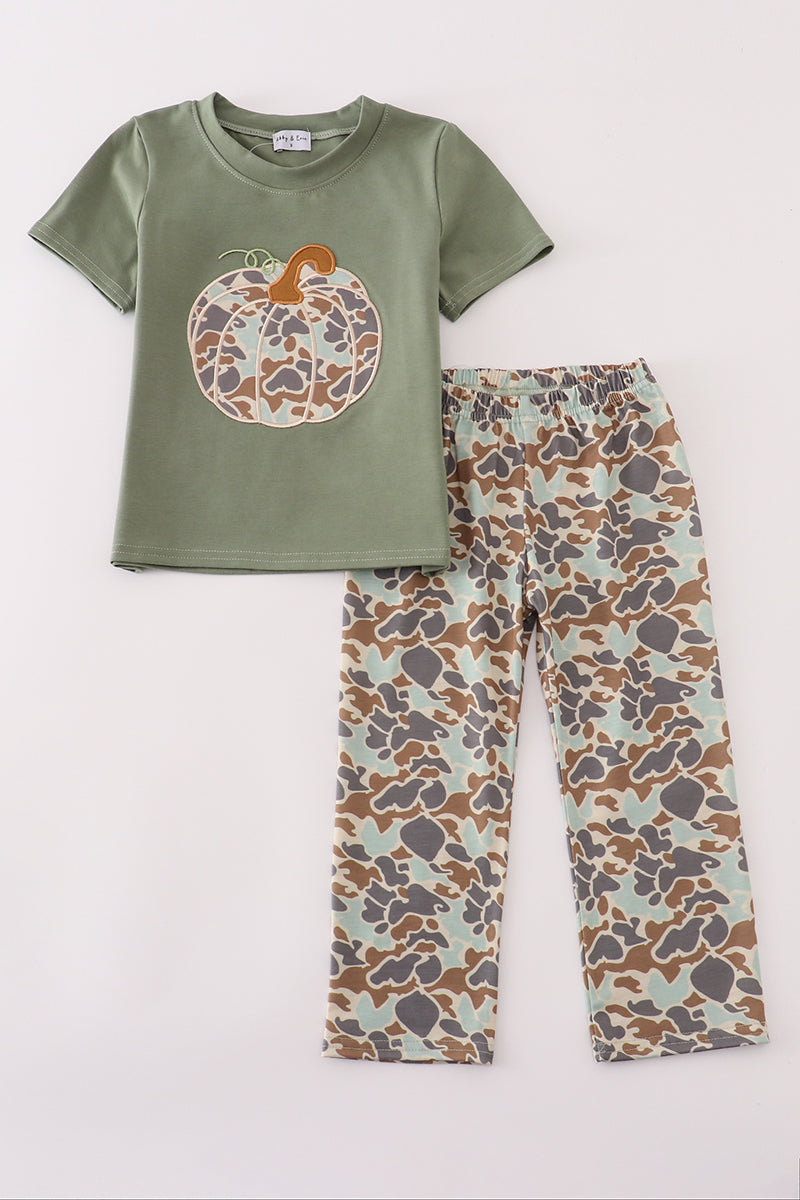 Boys Green Camo Pumpkin Appliqué Pants Set