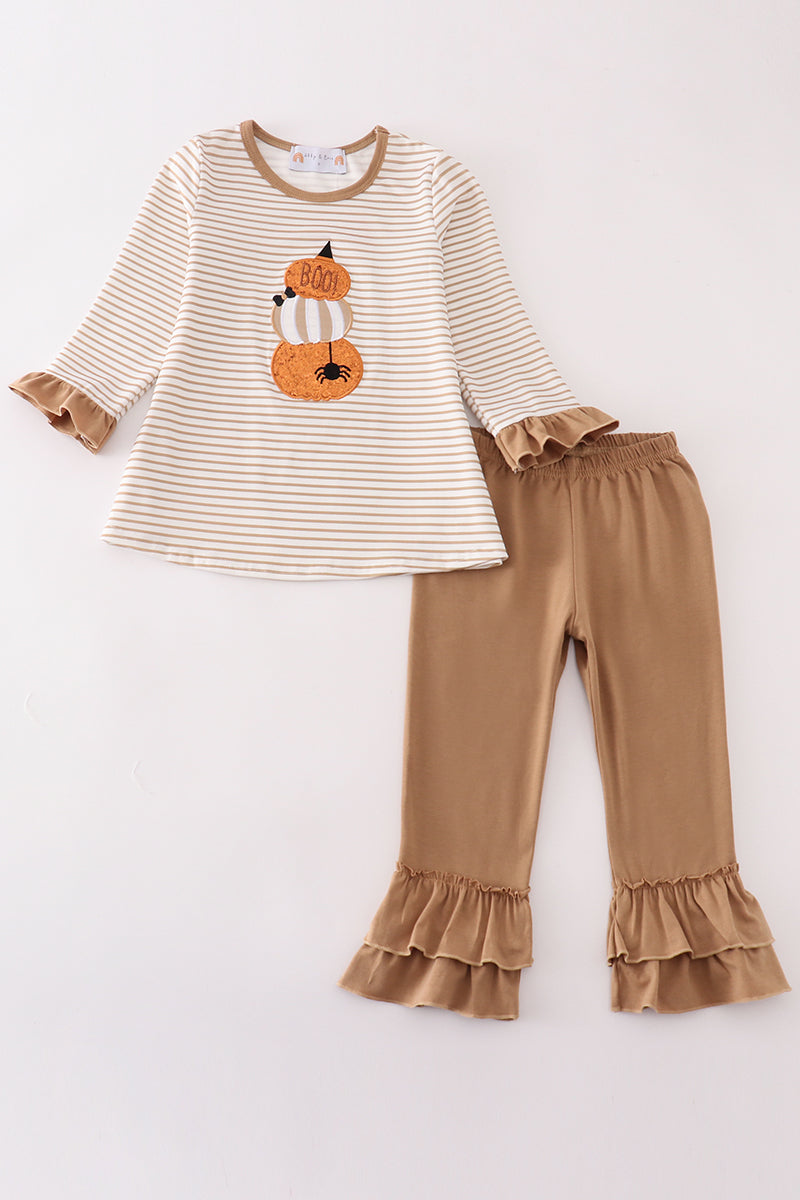 Girls Khaki Glitter Pumpkin Pants Set