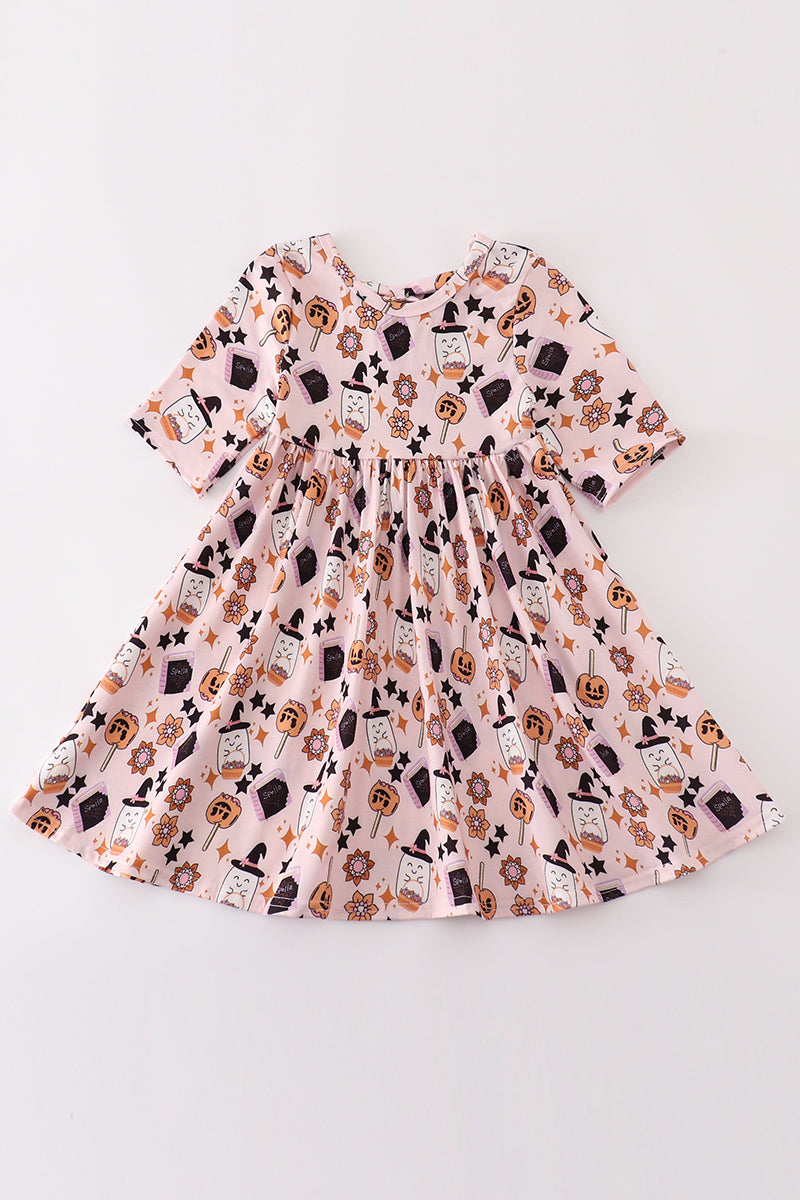 Girls Pink Halloween Print Dress